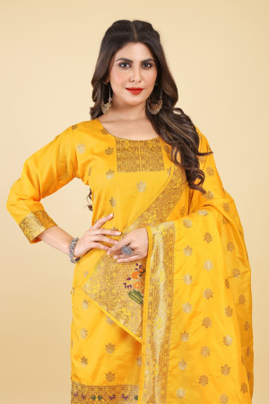 Yellow color paithani silk unstitched dress