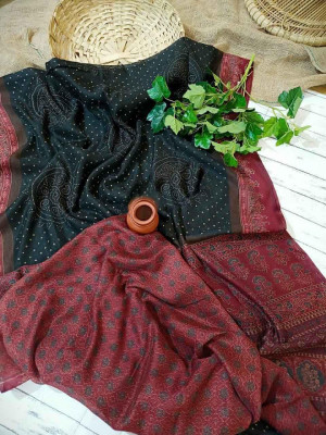 Blue and maroon color soft linen cotton saree with ajrakh printed work