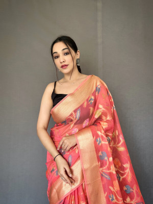Gajari color Linen silk saree with woven design