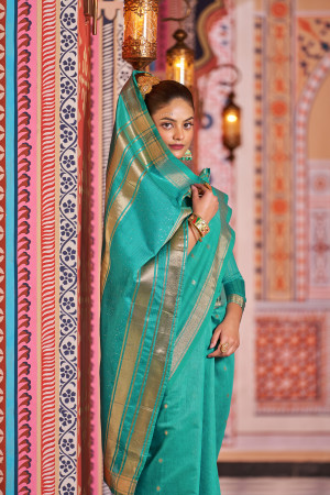 Rama green color soft cotton saree with weaving work