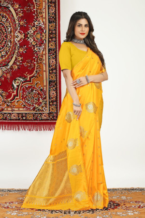 Yellow color kanchipuram silk saree with zari weaving work