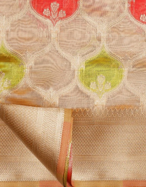 Beige color soft organza silk saree with zari weaving work