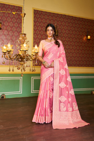 Pink color soft cotton saree with lakhnavi work