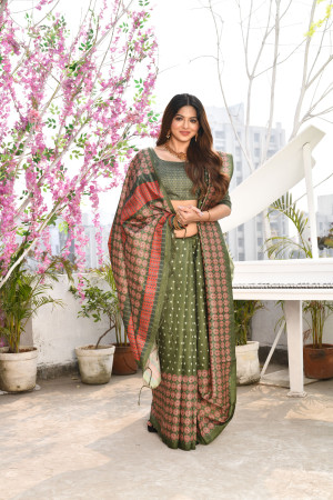 Green color tussar silk saree with printed work