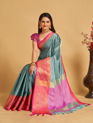 Sky blue color cotton silk saree with woven design