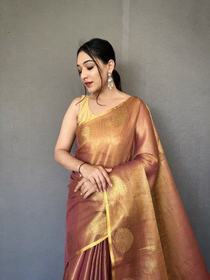 Magenta color tissue silk saree with zari weaving work