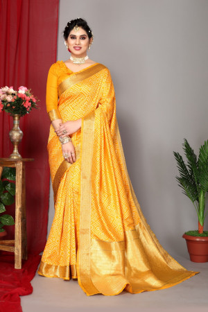 Yellow color banarasi silk saree with zari weaving work