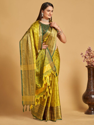 Mahendi green color cotton silk saree with Woven design