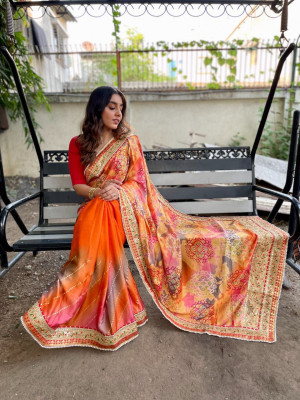 Orange color dola silk saree with printed and sequence work