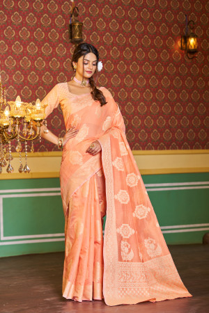 Peach color soft cotton saree with lakhnavi work