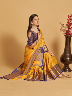 Yellow color cotton silk saree with woven design