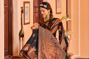 Gray color katan silk saree with zari weaving work