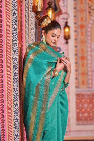Rama green color soft cotton saree with weaving work