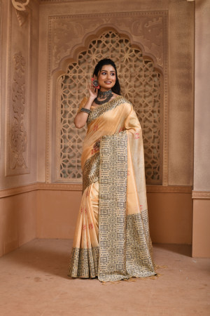 Off white color handloom raw silk saree with woven design