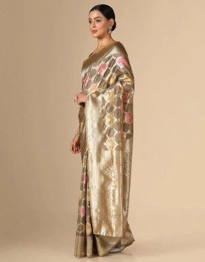Gray color soft organza silk saree with zari weaving work