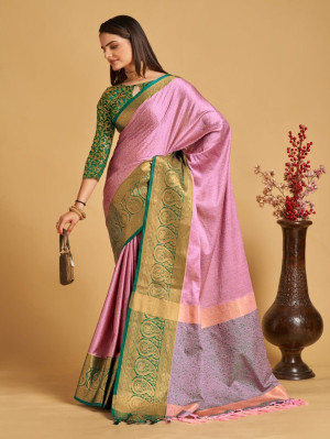 Baby pink color cotton silk saree with woven design