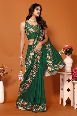 Green color vichitra silk saree with embroidery work
