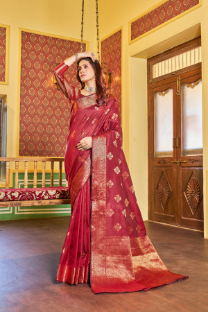 Red color katan silk saree with zari weaving work