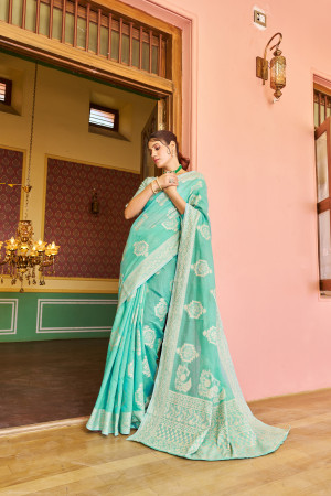 Sky blue color soft cotton saree with lakhnavi work