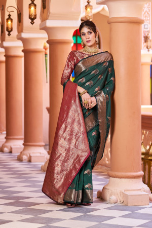 Bottle green and maroon color banarasi silk saree with zari weaving work