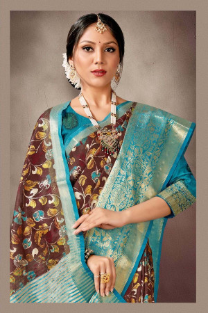 Brown color dola silk saree with digital printed work