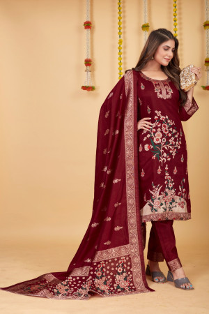 Maroon color paithani silk unstitched dress