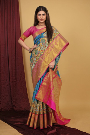 Firoji color kanchipuram silk saree with digital printed work