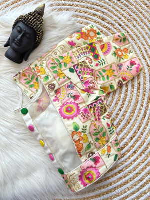 Cream color malai silk with multi codding work blouse