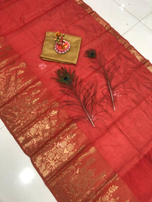 Red color soft assam silk saree with zari weaving work