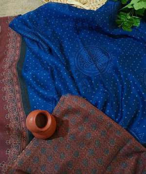 Navy blue and magenta color soft linen cotton saree with printed work