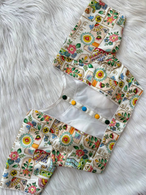 White color malai silk with multi codding work blouse