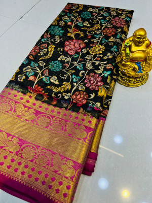 Black color kanchipuram silk saree with kalamkari weaving work