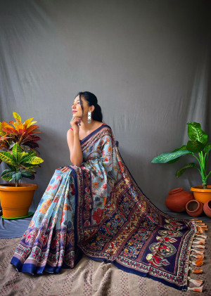 Gray color soft cotton saree with kalamkari printed work