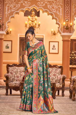 Green color banarasi silk saree with woven design