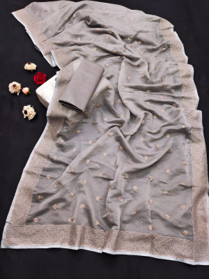 Gray color soft organza silk saree with sequence work