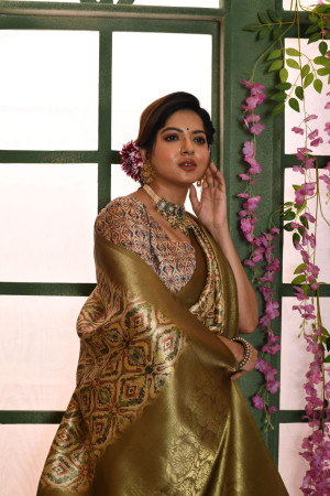 Mahendi green color soft silk saree with digital printed work