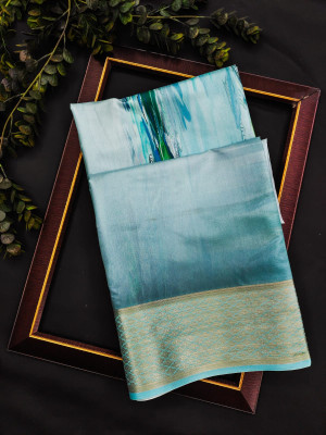 Sky blue color satin silk saree with printed work