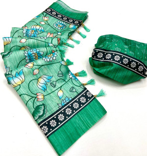 Sea green color tussar silk saree with digital printed work