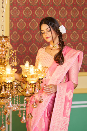 Pink color soft cotton saree with lakhnavi work