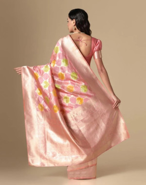Baby pink color soft organza silk saree with zari weaving work