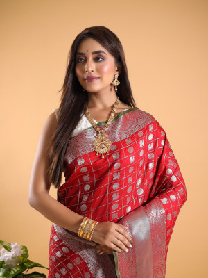 Red color banarasi silk  saree with zari weaving work