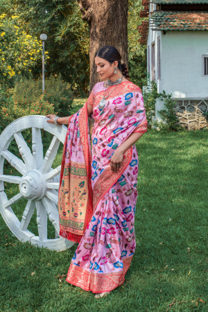 Pink color paithani silk saree with digital printed work