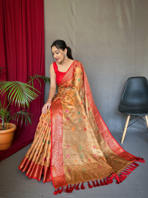 Peach color tissue silk saree with zari weaving work