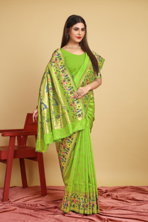 Parrot green color paithani silk saree with zari weaving work