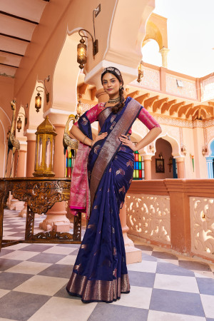 Navy blue and pink color banarasi silk saree with zari weaving work