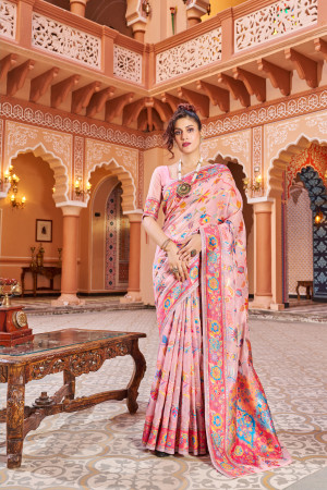 Baby pink color banarasi silk saree with woven design