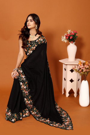 Black color vichitra silk saree with embroidery work