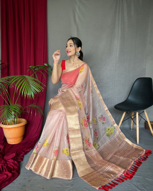 Beige color soft organza silk saree with digital printed work