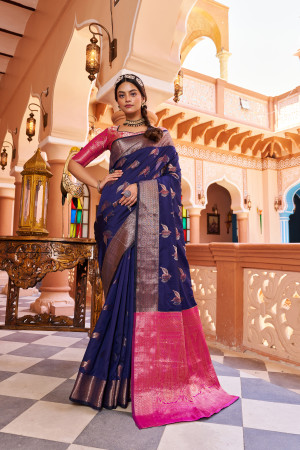 Navy blue and pink color banarasi silk saree with zari weaving work