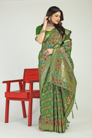 Mahendi green color banarasi silk saree with zari weaving work